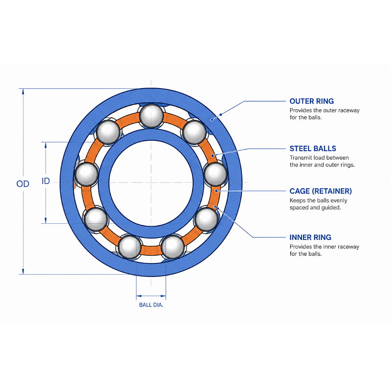 6205 bearing cutaway showing inner ring, outer ring, balls and cage